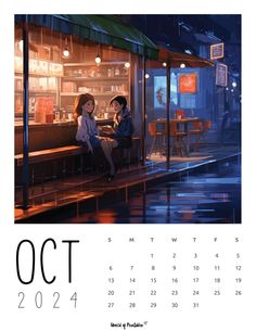 a calendar with an image of two people sitting at a bar in front of the window