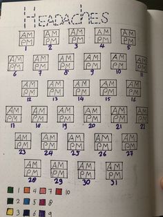 an open notebook with numbers and times on it, in which the letters are arranged