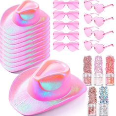 a pink hat, sunglasses and other accessories