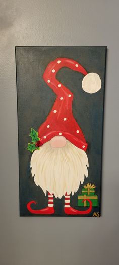 Christmas gnome with holly. Easy Christmas Gnome Painting, Elf Canvas Painting, Acrylic Painting Knomes, Christmas Paintings Easy, Christmas Gnome Acrylic Painting, Paintings Easy, Gnome Pictures