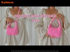 the crochet mini poofon bag is made with yarn and has pink handles