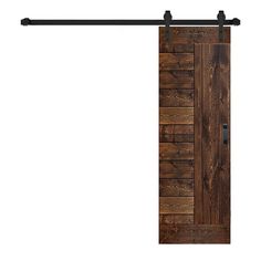 the sliding door is made from wood and has metal bars on each side, along with black hardware