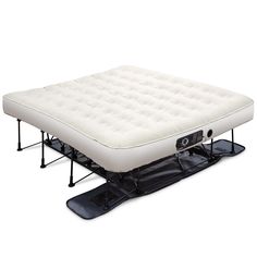 the air mattress is sitting on top of an inflatable stand with two legs