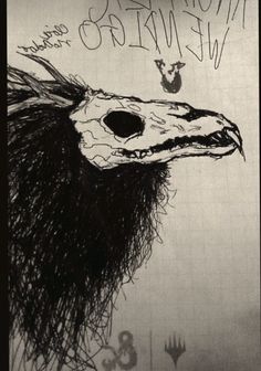 a black and white drawing of a bird's head with words written on it