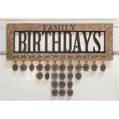 a sign that says family birthdays hanging from the side of a door with buttons attached to it