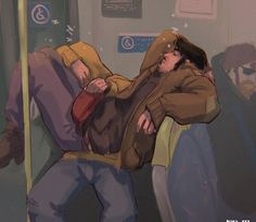 a man sleeping on a subway train with his head in the back of another person's shoulder