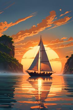 a painting of a sailboat in the ocean at sunset