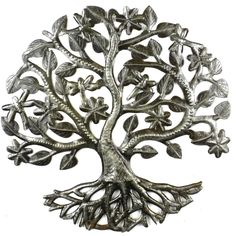 a metal tree with lots of leaves on it