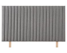 an upholstered headboard with wooden legs and grey fabric, on a white background