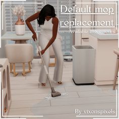 a woman is cleaning the floor with a mop