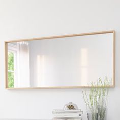 a mirror on the wall above a dresser with books and plants in front of it