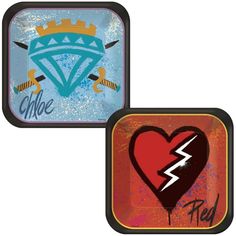 two square coasters with different designs on them, one has a diamond and the other has a heart