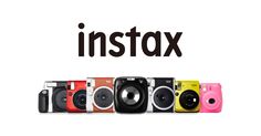 the instax logo is shown with many different colored cameras in front of it