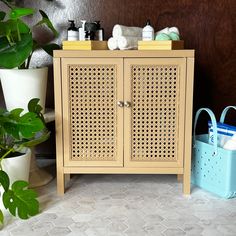 a wooden cabinet sitting next to a potted plant