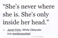 an image of a quote from jane fitch on white paper with black ink and the words, she's never where she is she's only inside her head