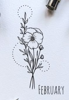 a drawing of flowers with the word february written in black ink on a white paper