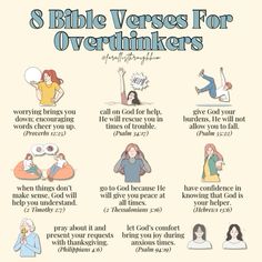 a poster with the words 8 bible verses for overthinkers on it