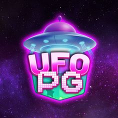 the logo for the upcoming game, up to fg with an alien spaceship above it