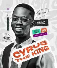 a man wearing glasses and a tie with the words cryus the king on it