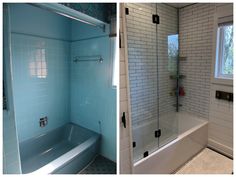 two different views of a bathroom with blue and white tiles on the walls, one in the shower stall and the other in the bathtub