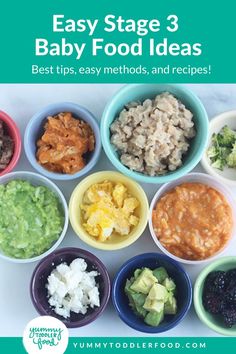 an image of baby food in small bowls with the title easy stage 3 baby food ideas