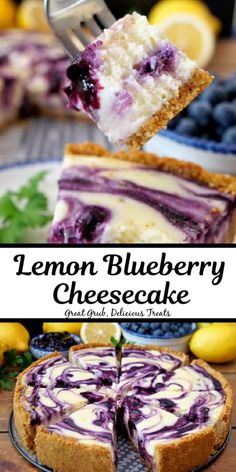 lemon blueberry cheesecake on a plate with a fork