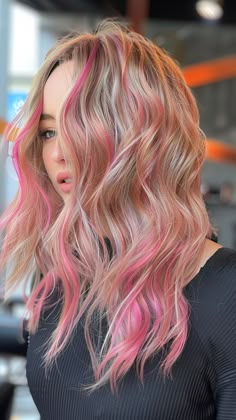 Stunning Strands: 25 Hair Highlight Ideas for a Gorgeous Style Blonde Hair Ideas With Color, Cute Ways To Dye Blonde Hair, Blonde With Accent Color, Hair Color Ideas Pink Highlights, Girls Hair Dye Ideas, Pink And Blonde Hair Ideas, Pink With Blonde Highlights, Hot Pink Highlights In Blonde Hair