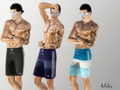 three men wearing swim trunks with tattoos on their arms and chest, both in different colors