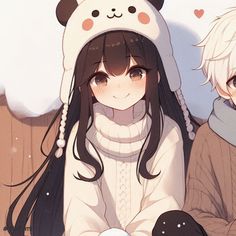 two anime characters wearing winter clothes and panda hats