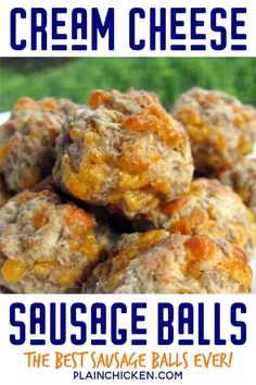 cheese balls stacked on top of each other with the words cream cheese sausage balls above them