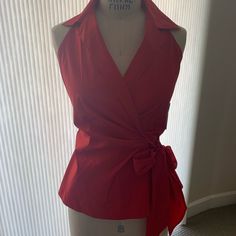 Beautiful Cotton With A Little Stretch Red Halter Blouse. Wrap Style That Ties In Front. Size 10 But Fits Size 8 Dress Form Well. Purchased Years Ago But Never Worn. Still Has Tags. Elegant Red V-neck Blouse, Formal Cotton V-neck Blouse, Spring Formal Red Blouse, Red Sleeveless Formal Tops, Red Fitted Top For Formal Occasions, Formal Red Sleeveless Top, Elegant Fitted Red Top, Spring Red Fitted Blouse, Fitted Red Blouse For Spring