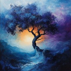 a painting of a tree in the ocean at sunset