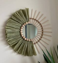 a mirror that is on the wall next to a potted plant and some sticks