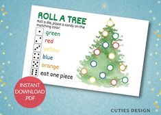 roll a tree game for kids to play with the christmas tree and matching colors on the card