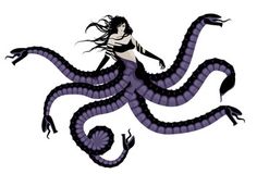 a woman is sitting on top of a giant purple snake with her hair blowing in the wind