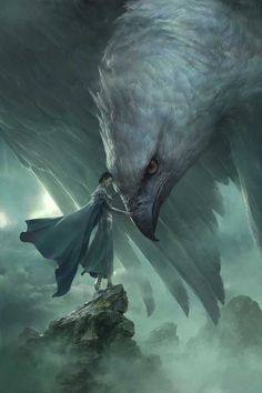 a woman standing on top of a dragon with her arms around the head and wings