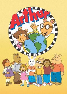 the cartoon characters are standing together in front of an earth globe with words above them