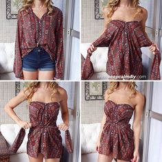 four different pictures of a woman wearing short shorts and a top with an off the shoulder design