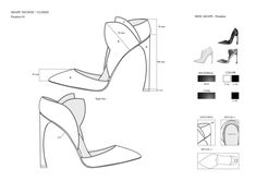 an image of women's high heeled shoes with measurements and technical drawing instructions