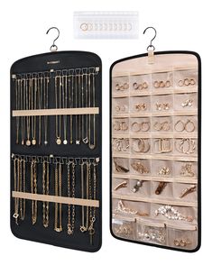 PRICES MAY VARY. Polyester Roomy Capacity- Dual sided hanging jewelry organizer can storage and display a bulk of jewelry. Complete with 29 transparent pockets and 10 PVC anti-tarnish plastic bags , this jewelry storage can hold your rings, earrings, bracelets, watches, hairpins or other accessory. No more scatter them around. And the other side can accommodate 24 necklaces Thoughtfully Designed Hooks- Necklace organizer comes with 2 rows of sturdy metal hooks offer much easier and faster to acc Hanging Jewelry Storage, Closet Wall, Necklace Hanger, Necklace Storage, Hanging Jewelry Organizer, Jewelry Organizer Storage, Jewelry Rack, Jewelry Hanger, Jewelry Roll