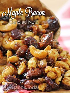 maple bacon candied nuts are piled on top of each other