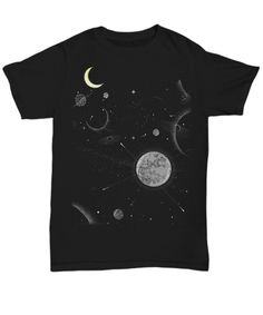 - Printed, Made, And Shipped From The USA.  - Double-needle stitched. Celestial Moon Print Crew Neck T-shirt, Space-themed Short Sleeve Top With Graphic Print, Space-themed Graphic Print Short Sleeve Tops, Space-themed Graphic Crew Neck Tops, Black Short Sleeve Space-themed Tops, Space-themed Short Sleeve Screen Print Top, Space-themed Screen Print Short Sleeve Top, Black Celestial Crew Neck Top, Black Cotton Space-themed T-shirt