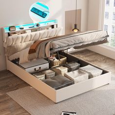 a bed with drawers underneath it in a room