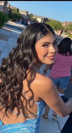 Prom Hair and Makeup Wavy gem hair Natural Glowy Euphoria Prom Look Eras Tour Hair, Curled Prom Hair, Disco Hair, Grad Hair, Cute Prom Hairstyles, Gem Hair, Concert Hairstyles, Simple Prom Hair, Taylor Swift Tour