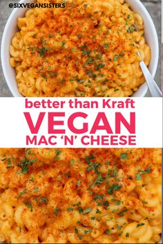 macaroni and cheese is in a bowl with the words vegan mac n'cheese