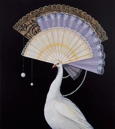 a painting of a white peacock holding an umbrella with pearls on it's head