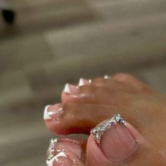 Acrylic Pedicure Ideas, Birthday Toes Nails Design, French Tip Toes With Gems, Rhinestone French Tip Toes, Bride Toe Nails, Red French Toe Nails, Nail Feet Design, Diamond Toes Nails, White Toes With Rhinestones