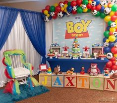 Toy Story Themed Baby Shower Ideas – Boy Story – Baby Shower Ideas 4U Toy Story Party Decorations, Baby Boy Shower Party, Toy Story Theme, Baby Shower Deco, Disney Baby Shower, Toy Story Birthday Party, Boy Baby Shower Ideas, Baby Shower Decorations For Boys