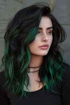 Hair Dye Colors For Dark Hair, Brunette And Green Hair, Dark Moss Green Hair, Green Hair With Black Roots, Black Hair With Green Tips, Black And Emerald Green Hair, Fun Color Hair Ideas, Dark Green Ombre Hair, Phantom Green Hair