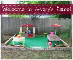 an outdoor play area with children's toys in it and the words welcome to avery's place